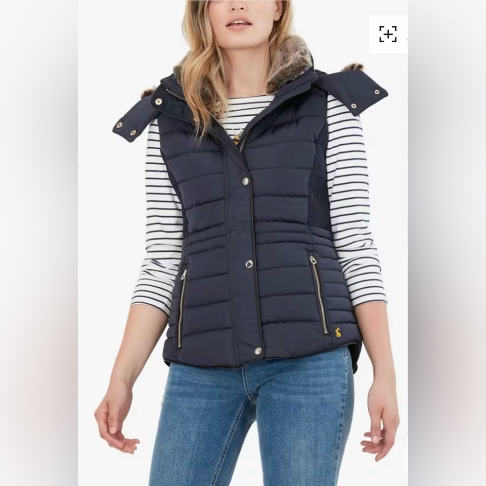 NWT Joules Melford Navy Blue Gilet BodyWarmer, Fur Trim & Hood